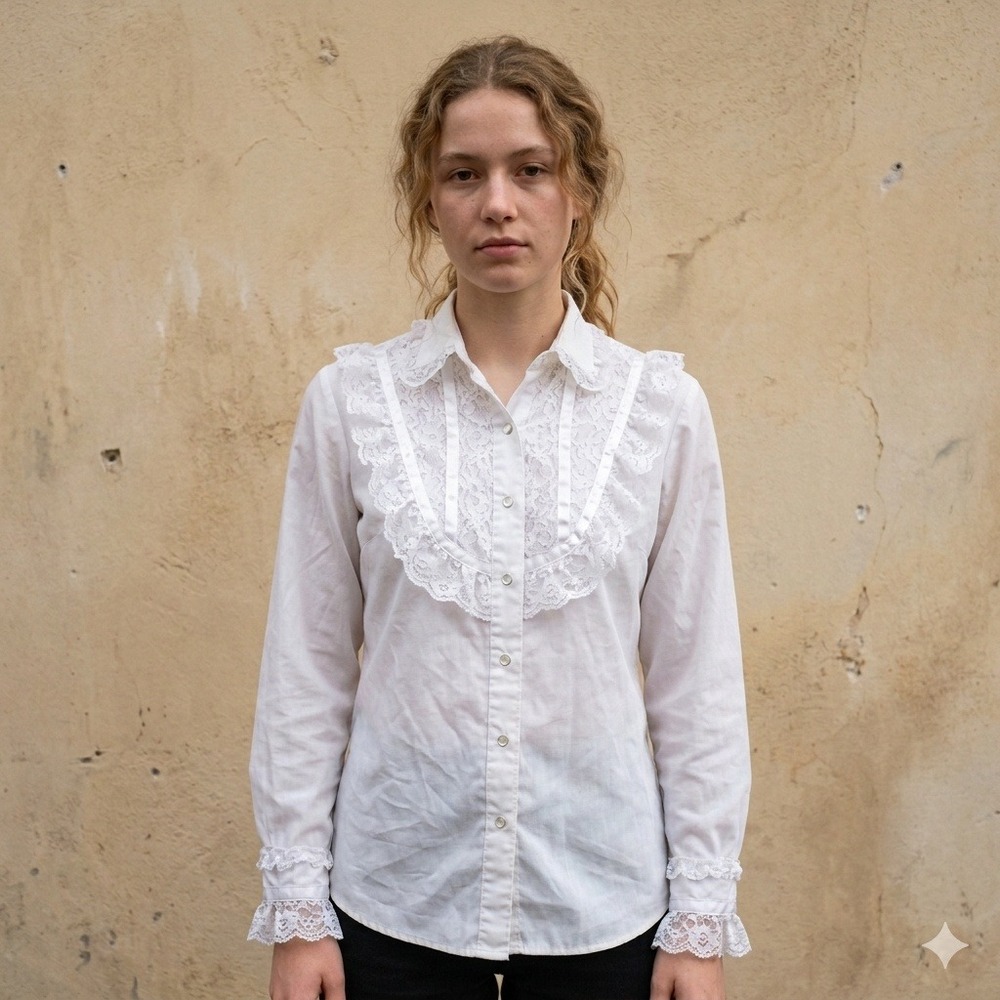 Vintage 70s H Bar C Womens Top 34 Small White Lace Ruffle Western‎ Cowgirl